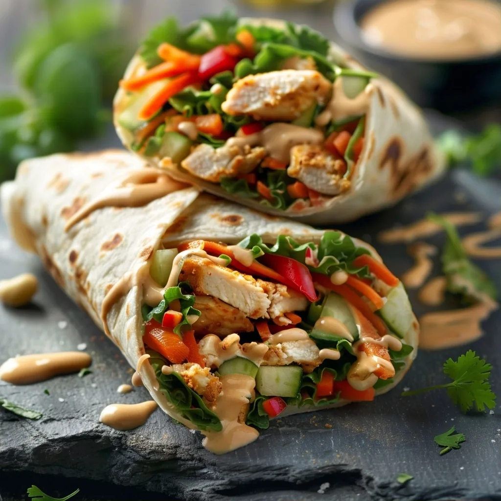 Thai Peanut Chicken Wraps with Fresh Vegetables and Creamy Sauce