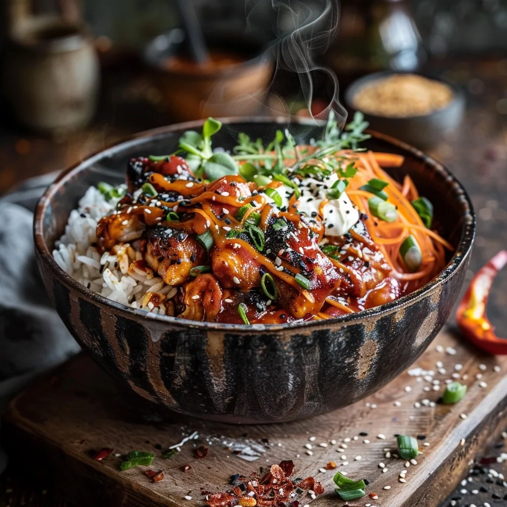 Korean BBQ Chicken Bowls with Spicy Gochujang Cream Sauce