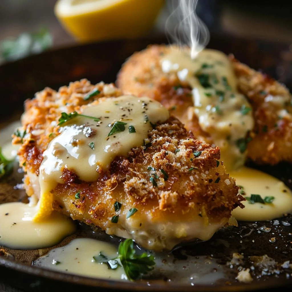Lemon Pecorino Crusted Chicken with Creamy Lemon Sauce
