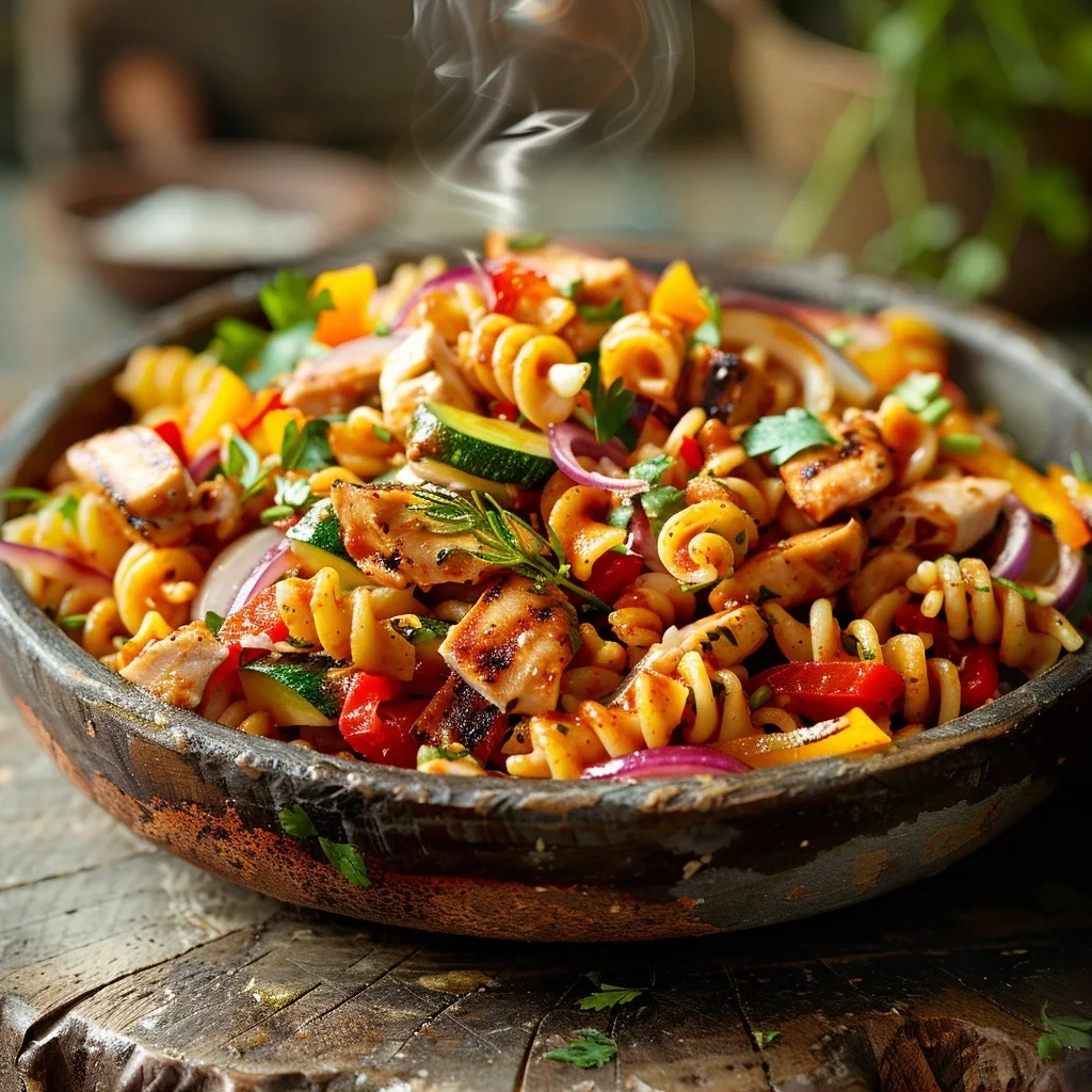BBQ Chicken Ranch Pasta Salad with Fresh Vegetables and Herbs