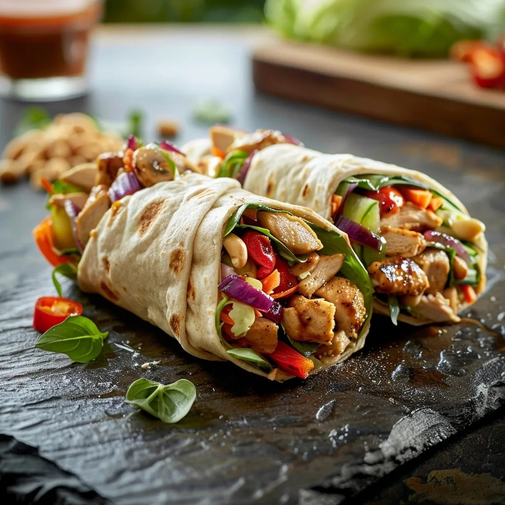 Thai Peanut Chicken Wraps with Fresh Vegetables