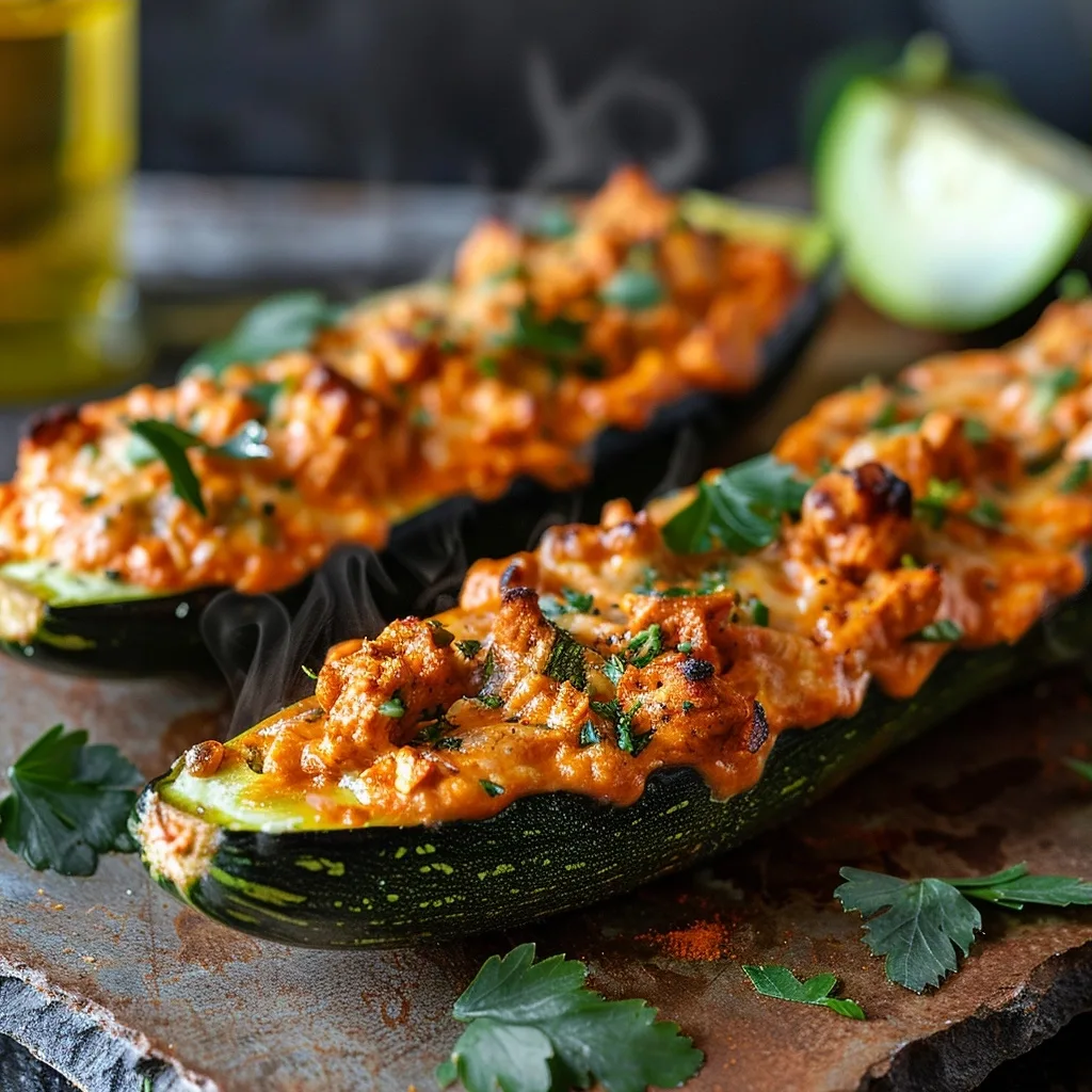 Easy Buffalo Chicken Stuffed Zucchini Boats